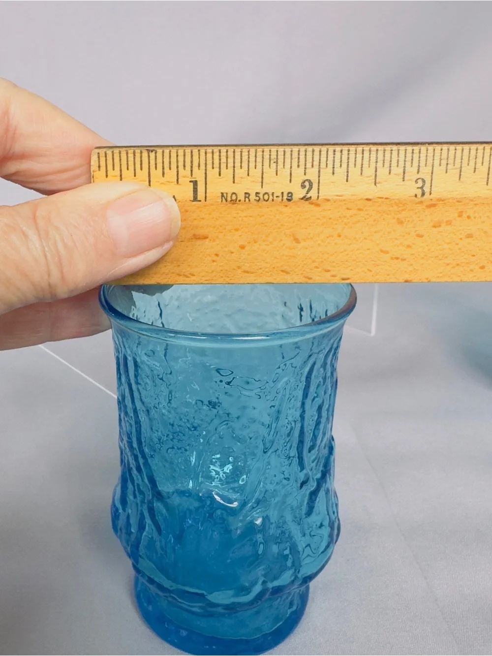 Set of 3 Textured Blue Glass Tumbler Anchor Hocking Rain Flower Juice Glasses 4'